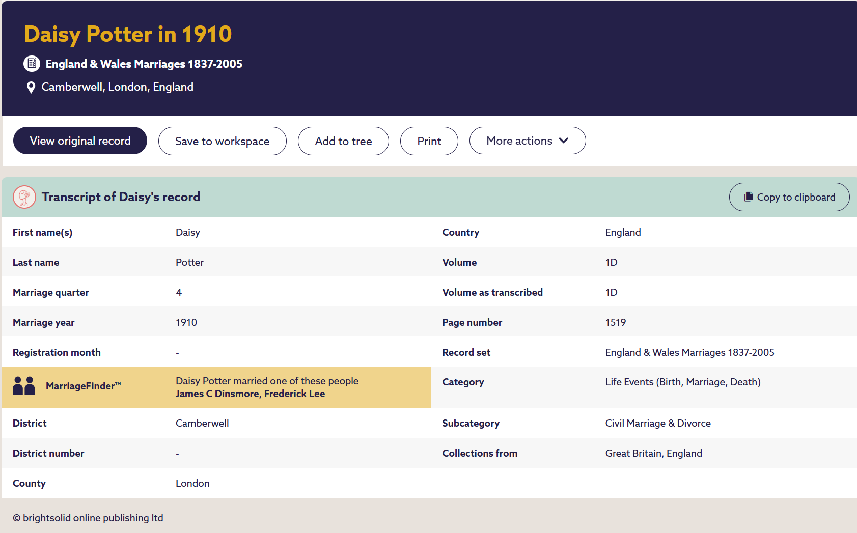 Daisy Potter marriage index record 1910